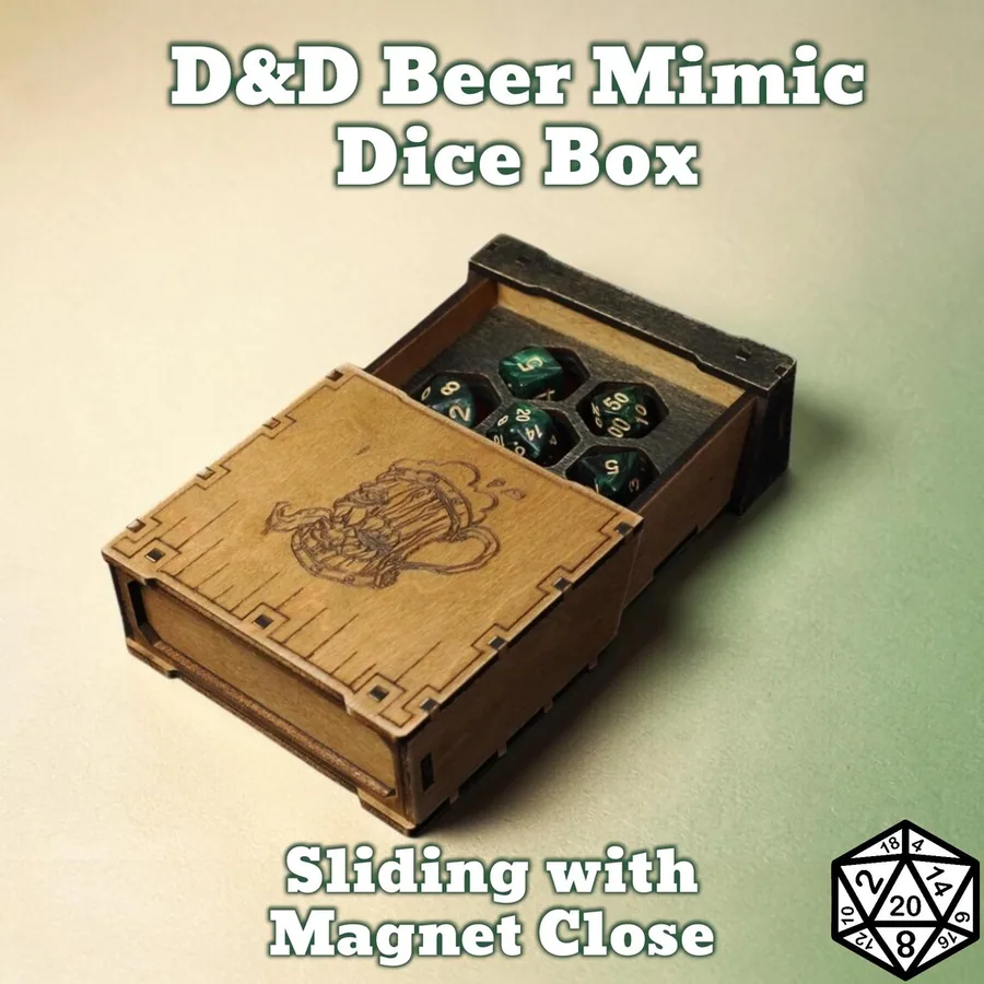 D&D Beer Mimic Dice Box – Handmade Wooden Dice Storage Chest for RPG Players