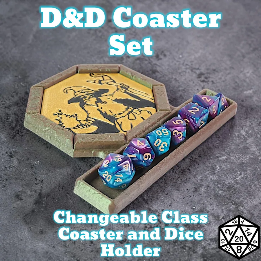 Dungeons and Dragons Coaster set with Dice Tray, 6 Class Inserts, D&D, tabletop gaming
