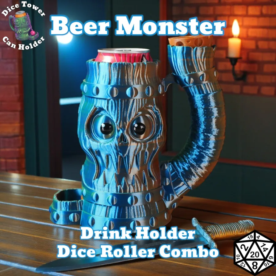 Dungeons and Dragons Gift - Beer Monster Can Holder and Dice Roller Combo